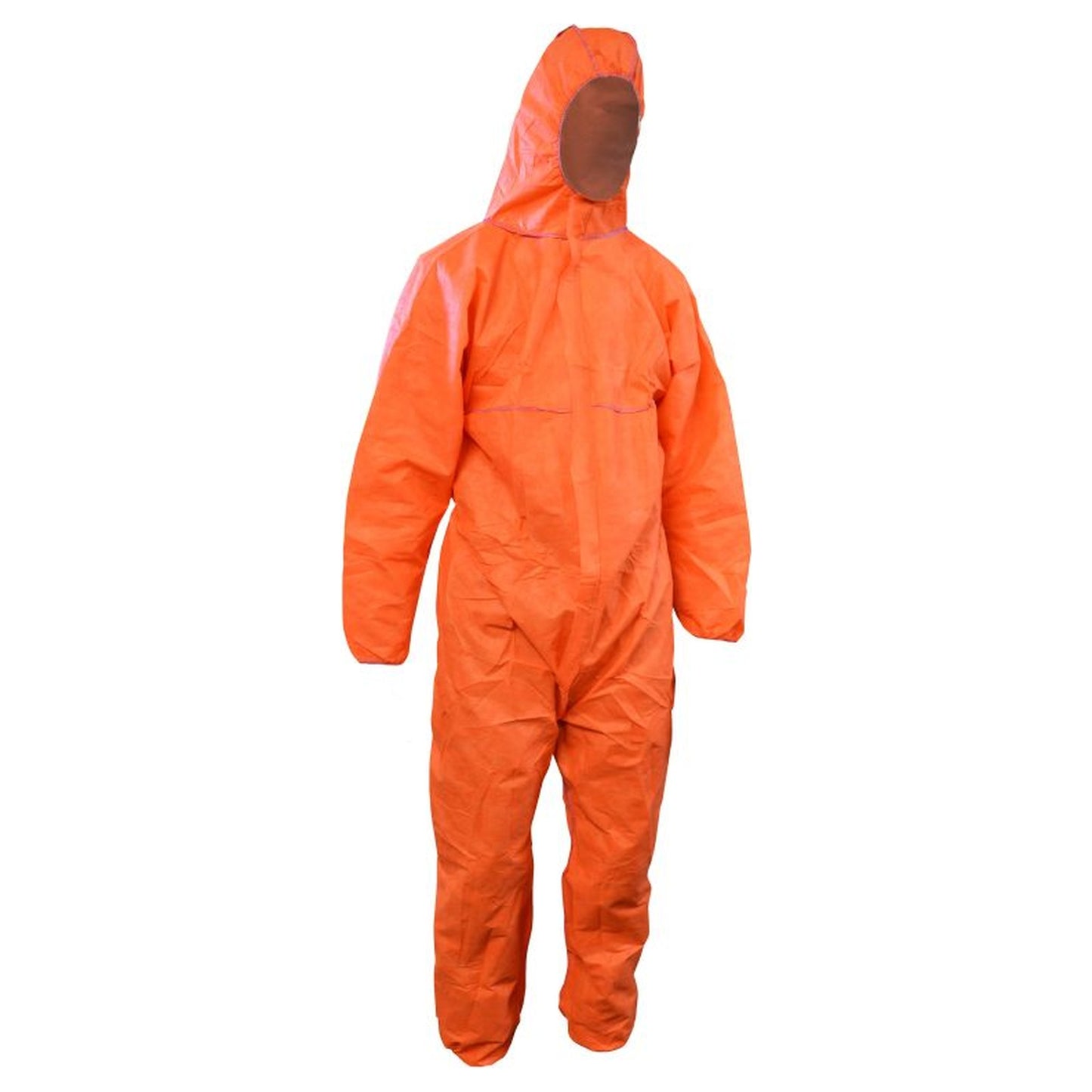An orange full-body protective coverall suit with an attached hood and face mask, shown from the back on a plain white background.