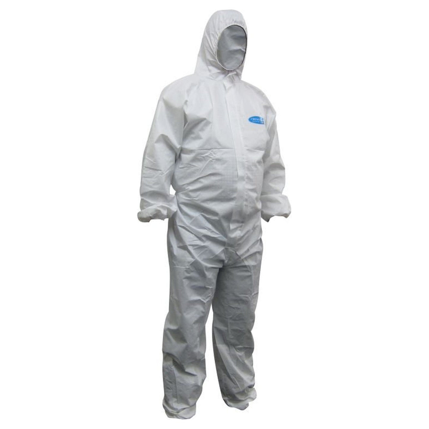 A white full-body protective coverall suit with a hood and face opening, shown on a plain white background. A small blue logo is visible on the left chest.