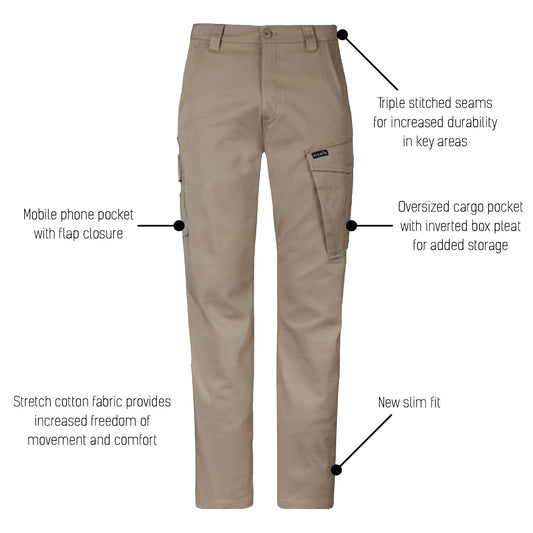 Men’s Essential Stretch Cargo Pant Slim Fit 98% Cotton 280gsm - SunSafe Australia