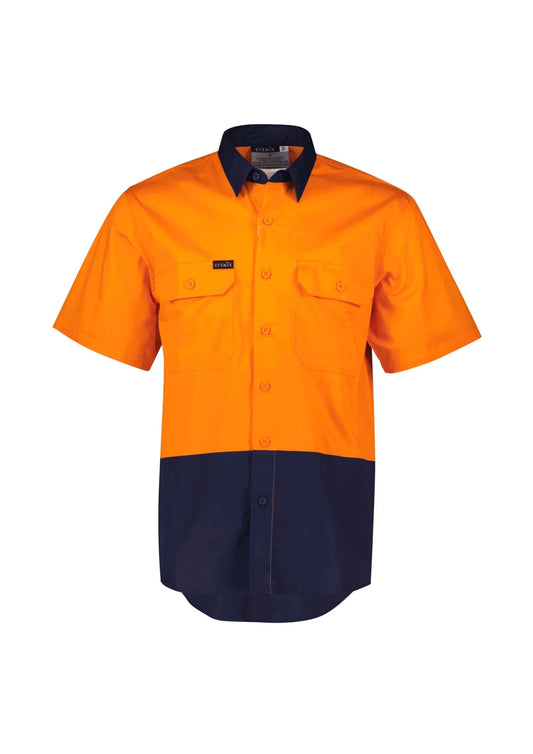 Syzmik Men's Hi Vis Short Sleeve Shirt in Orange On Navy