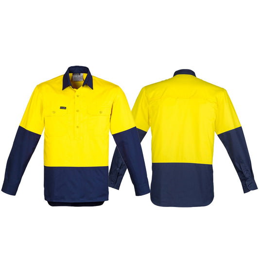 Syzmik Men's High Visibility Closed Front Long Sleeve Shirt in Orange On Navy front view