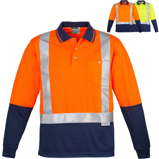 Syzmik Men's Spliced Long Sleeve Shoulder Taped Polo ZH234 in Orange On Navy