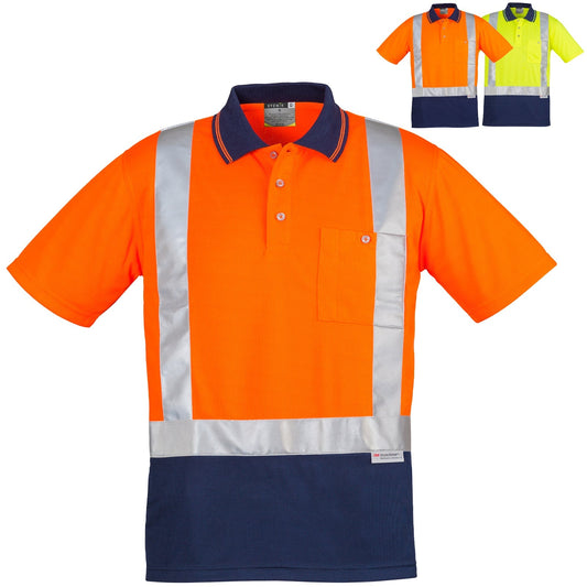 Syzmik Men's Spliced Short Sleeve Shoulder Taped Polo ZH233 in Orange On Navy