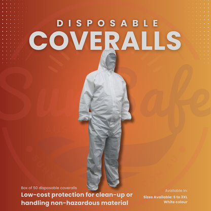 50x Maxisafe White Polypropylene Disposable Coveralls - Lightweight Hooded PPE