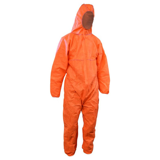 An orange full-body protective coverall suit with an attached hood and face mask, shown from the back on a plain white background.