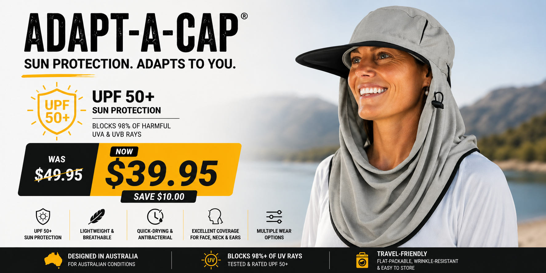 Adapt-A-Cap UPF 50+ sun protection hat by Sun Protection Australia with neck coverage and lightweight breathable design