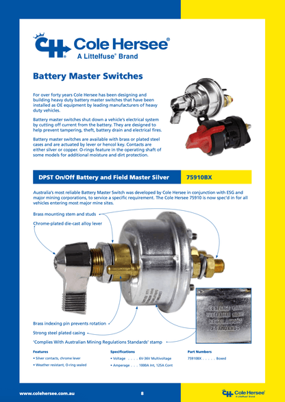 Cole Hersee Battery Master Switch 75910BX DPST On/Off - SunSafe Australia