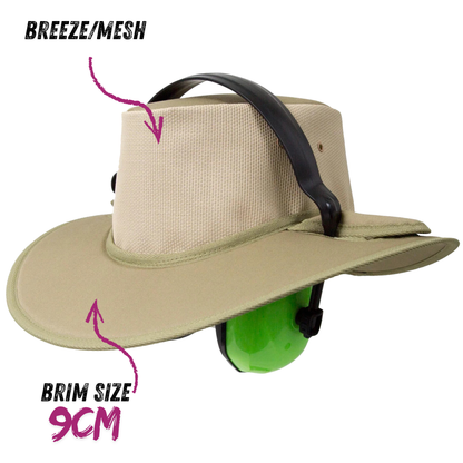 Earmuff Hat with Breeze Mesh Gusset Khaki 9cm Made in Australia Brim SunSafe Australia