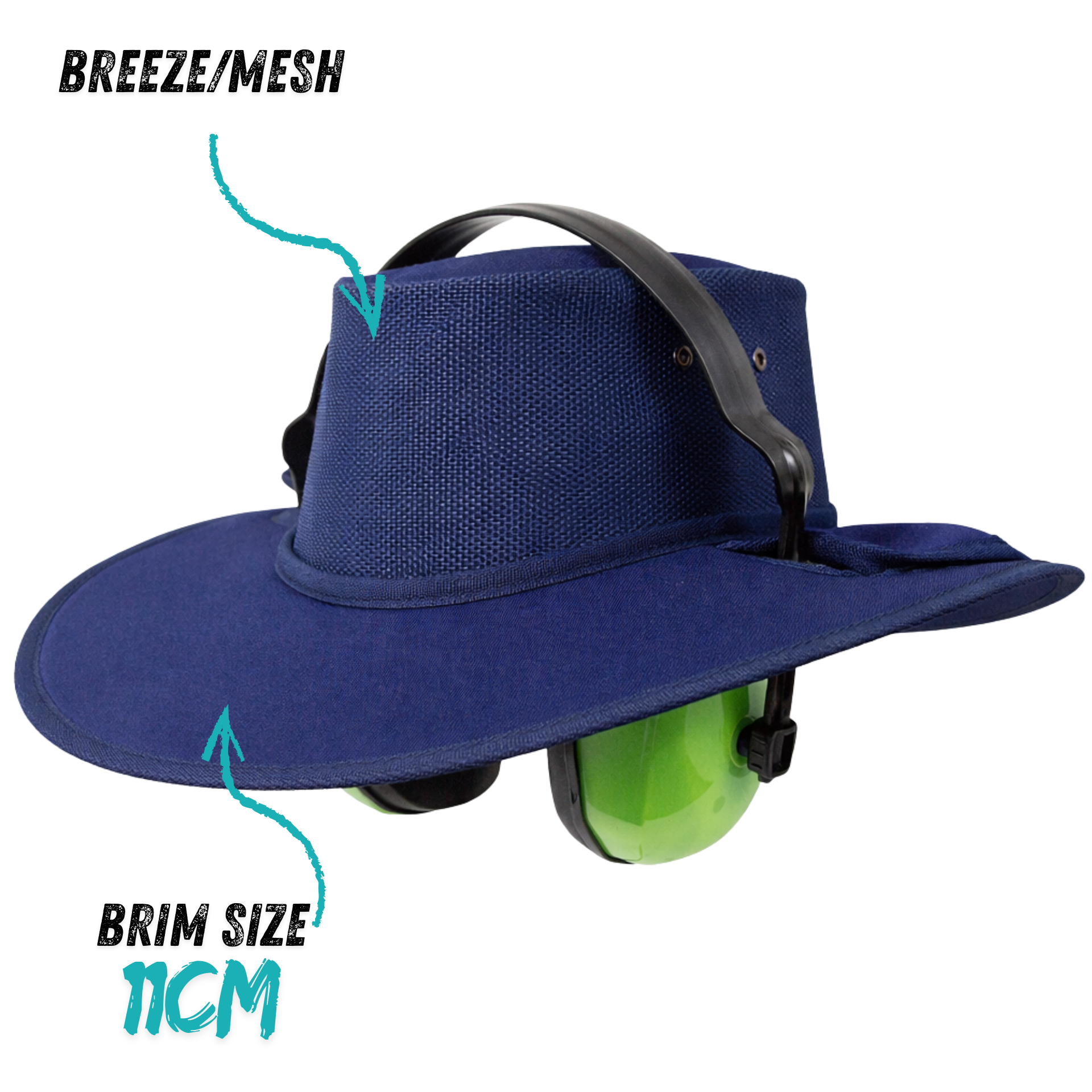 Navy blue breeze mesh earmuff hat with 11cm brim for hearing protection