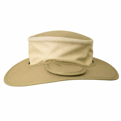 Australian made khaki earmuff hat with micro mesh airflow and 9cm brim