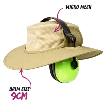 Khaki micro mesh earmuff hat with 9cm brim for hearing protection