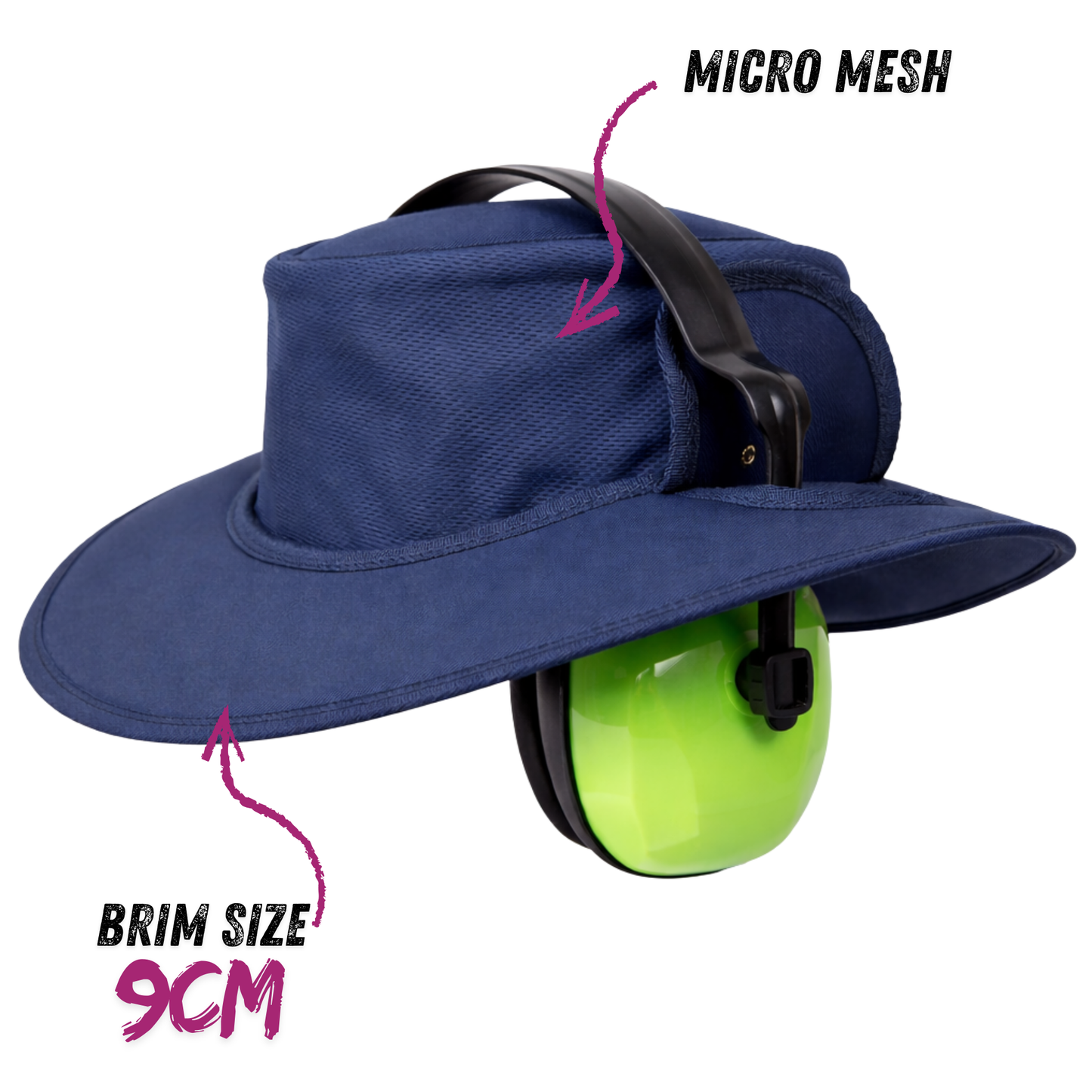 Navy blue micro mesh earmuff hat with 9cm brim for hearing protection