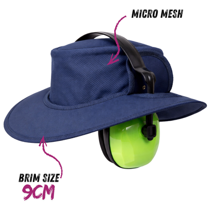 Navy blue micro mesh earmuff hat with 9cm brim for hearing protection