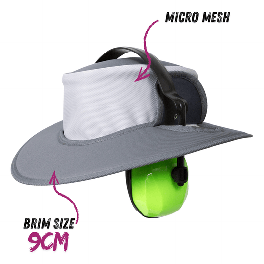 Earmuff Hat Micro Mesh Silver Grey 9cm Brim UPF 50+ Newcastle Hats - SunSafe Australia