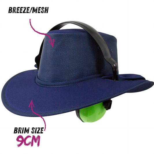 Earmuff Hat Made in Australia Navy Blue with 9cm Brim Breeze Mesh Gusset SunSafe Australia