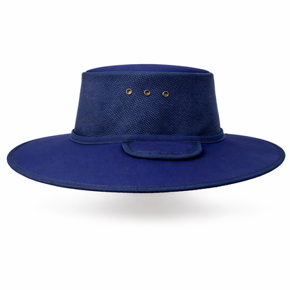 Australian made navy earmuff hat with mesh airflow and 11cm brim