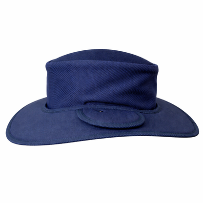 Australian made navy earmuff hat with micro mesh airflow and 9cm brim