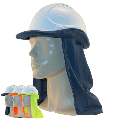 UVeto Australia hard hat flap with neck protection attached to safety helmet for outdoor work