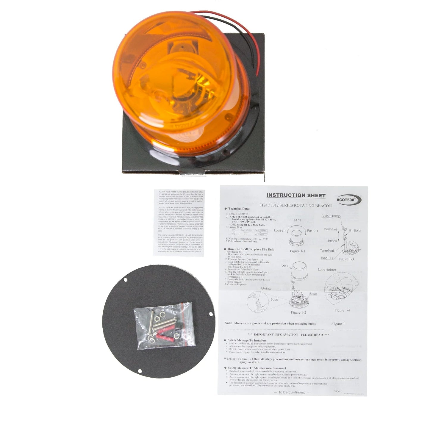 Hardwire Permanent Mount Halogen Rotating Beacon ACOT500 - SunSafe Australia