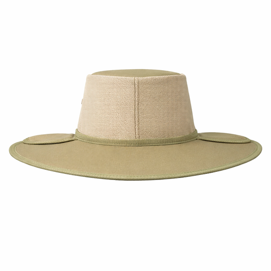 Khaki wide brim earmuff hat with mesh ventilation and 11cm brim