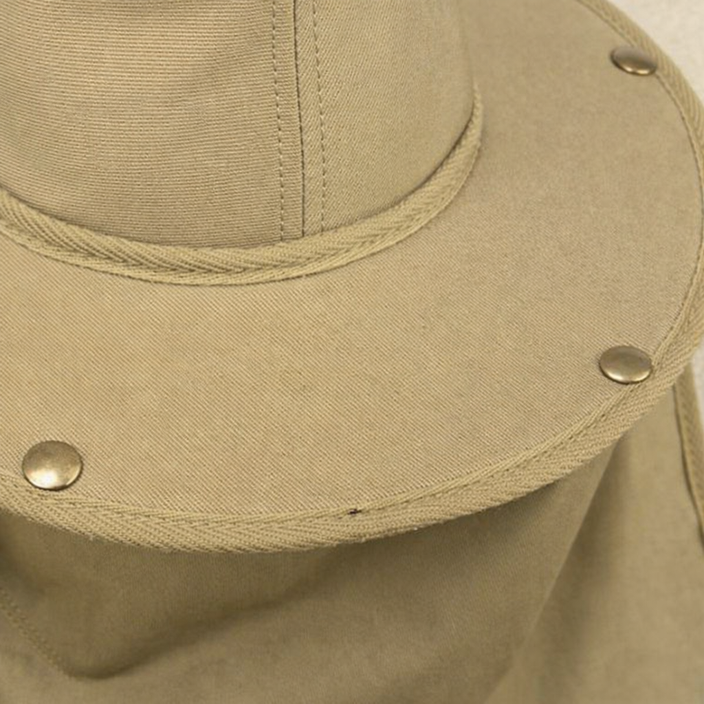 Khaki earmuff hat with 11cm brim and neck flap designed for hearing protection compatibility