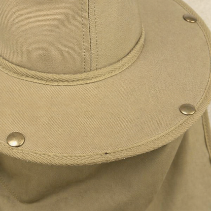 Khaki earmuff hat with 11cm brim and neck flap designed for hearing protection compatibility