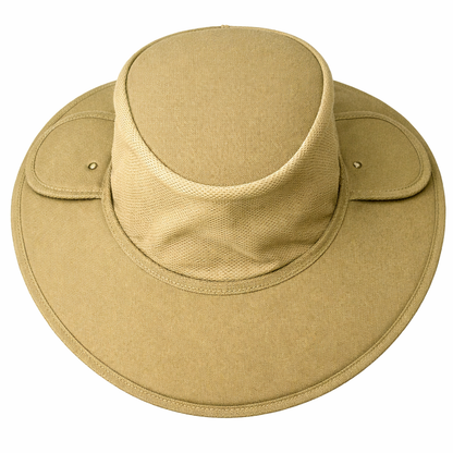 Khaki earmuff hat with micro mesh ventilation and 9cm brim