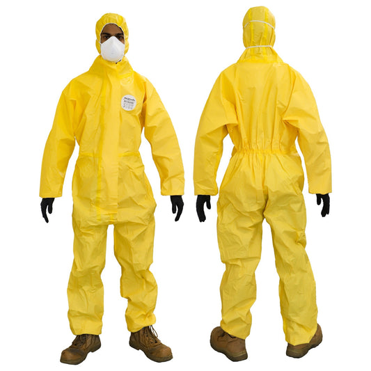 Shop a box of 25 Maxisafe Chembarrier Type 3/4/5/6 laminated disposable coveralls for chemical jets, sprays, biological hazards and decontamination work.