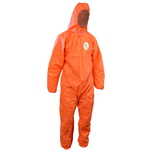Shop a carton of 50 Maxisafe Chemguard orange SMS Type 5/6 disposable coveralls for particle, splash, asbestos, construction and industrial protection.