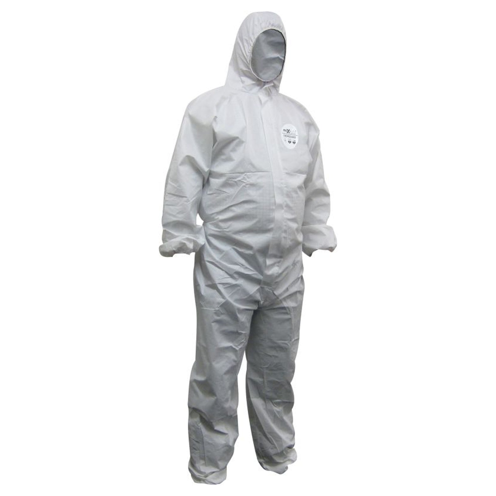 A white disposable protective coverall suit with a hood and face mask, shown on a mannequin or hollow form against a plain white background.