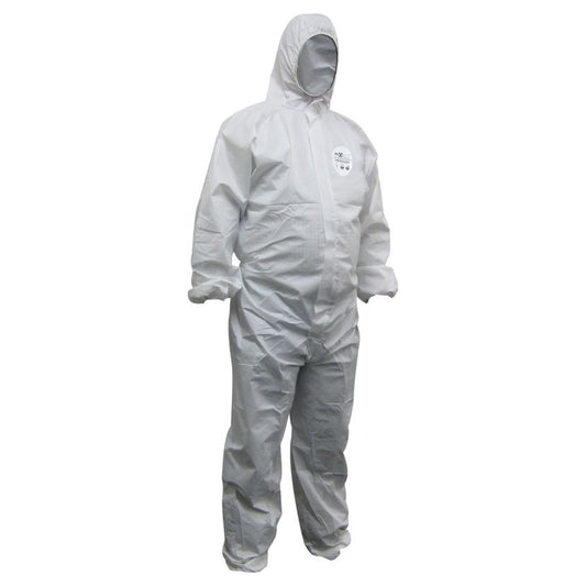 A white disposable protective coverall suit with a hood and face mask, shown on a mannequin or hollow form against a plain white background.
