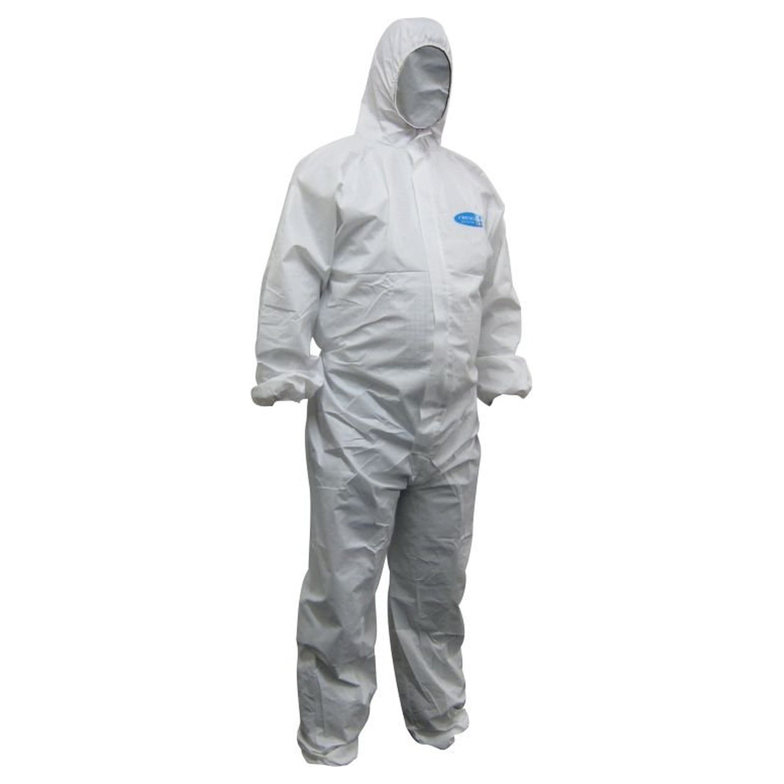 A white full-body protective coverall suit with a hood and face opening, shown on a plain white background. A small blue logo is visible on the left chest.
