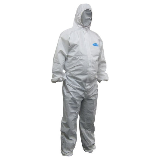 A white full-body protective coverall suit with a hood and face opening, shown on a plain white background. A small blue logo is visible on the left chest.