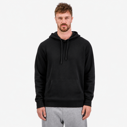 Men's Basis Hoodie in Black, featuring a classic raglan fit, 290 GSM brushed fleece fabric, ribbed cuffs and waistband, adjustable hood with drawcord, and a front kangaroo pocket.