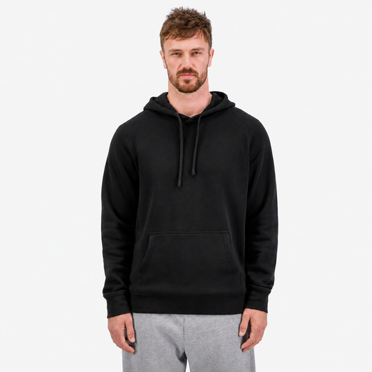 Men's Basis Hoodie in Black, featuring a classic raglan fit, 290 GSM brushed fleece fabric, ribbed cuffs and waistband, adjustable hood with drawcord, and a front kangaroo pocket.
