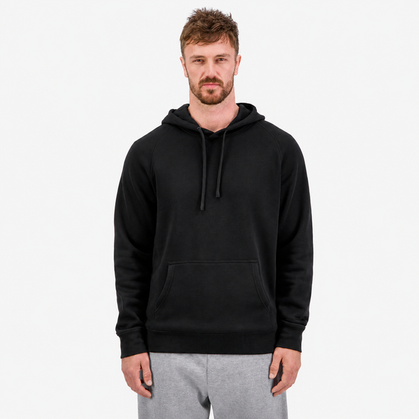 Men's Basis Hoodie in Black, featuring a classic raglan fit, 290 GSM brushed fleece fabric, ribbed cuffs and waistband, adjustable hood with drawcord, and a front kangaroo pocket.