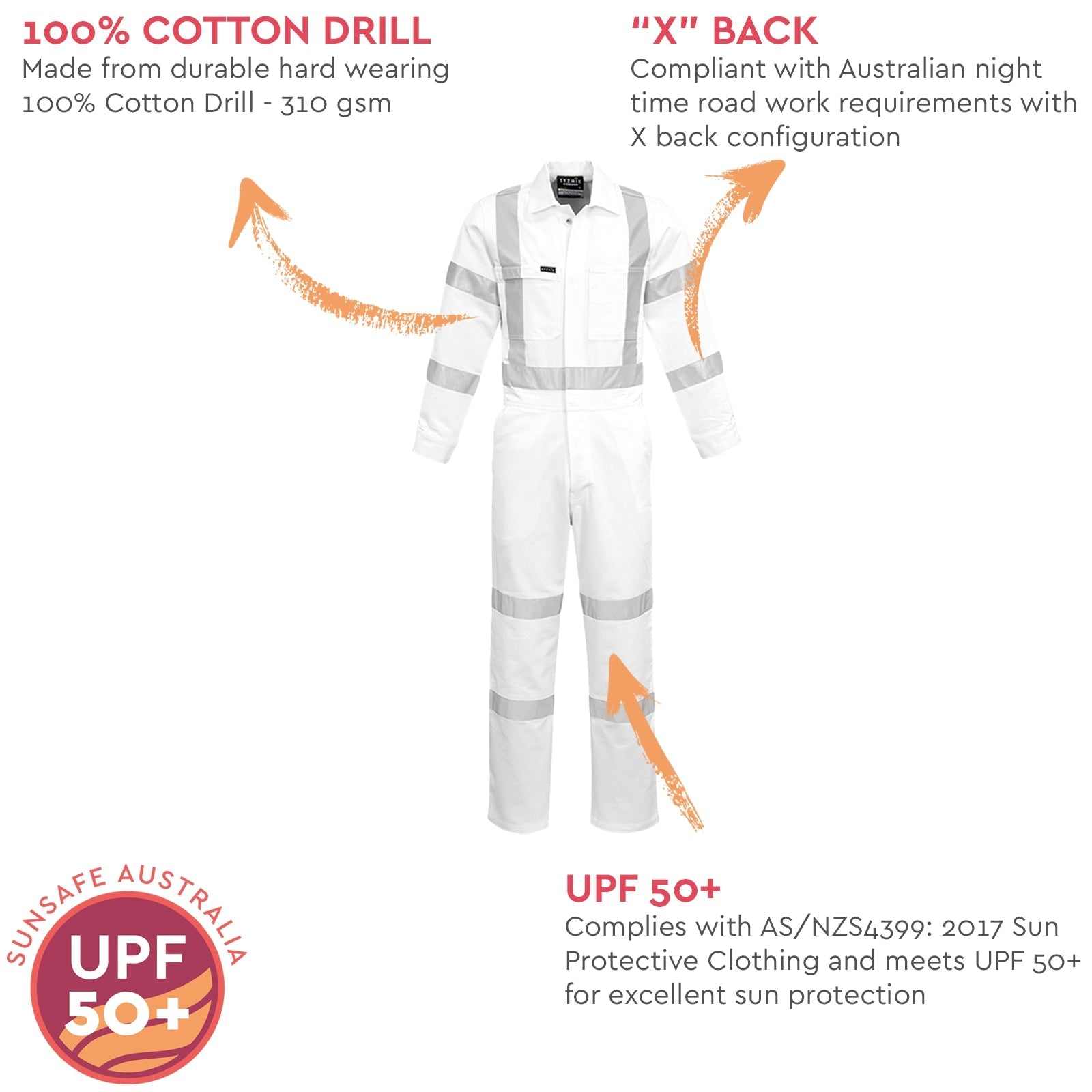 Men's Bio Motion "X" Back Overall White ZC620 - SunSafe Australia