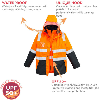 Men’s Hi - Vis 4 - in - 1 Waterproof Jacket with Reversible Fleece Vest – 10,000mm Rated - SunSafe Australia