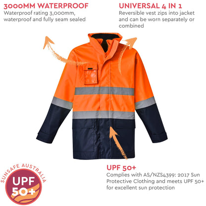 Men’s Hi - Vis 4 - in - 1 Waterproof Jacket with Reversible Fleece Vest – 3,000mm Rated - SunSafe Australia