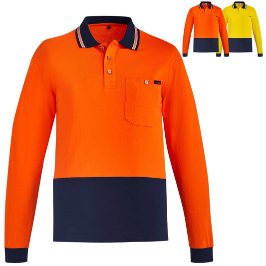 Syzmik Men's High Visibility 100% Cotton Long Sleeve Polo in Orange/navy