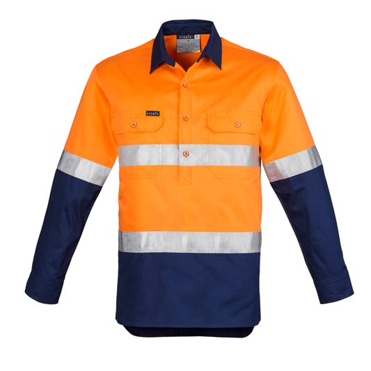 Syzmik Men's Closed Front Long Sleeve Shirt - Hoop Taped in Orange On Navy front view