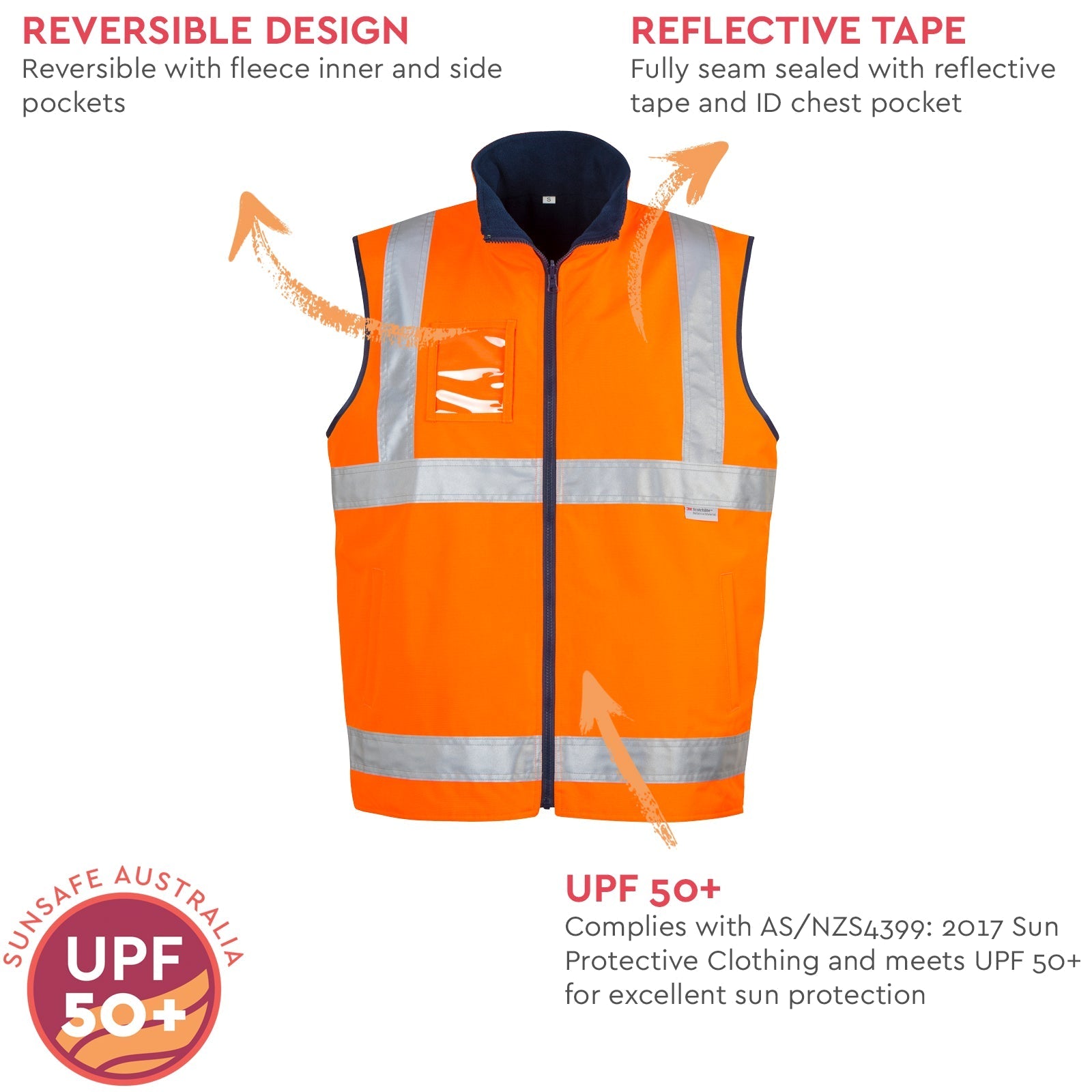 Mens High Visibility Lightweight Fleece Lined Reversible Vest ZV358 - SunSafe Australia