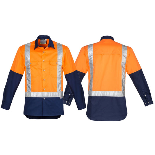 Syzmik Men's Spliced Industrial LS Shirt - Shoulder Taped in Orange On Navy