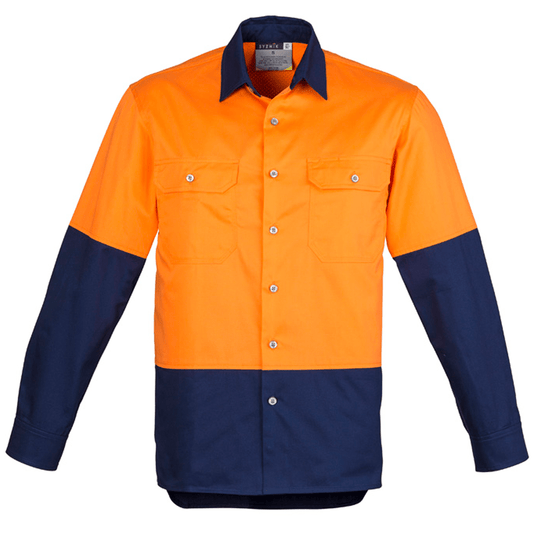 Syzmik Men's Spliced Industrial Long Sleeve Shirt in Orange On Navy