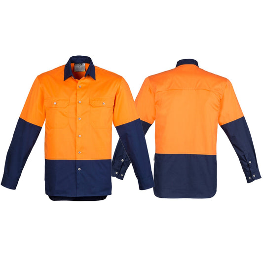 Syzmik Men's Spliced Industrial Long Sleeve Shirt in Orange On Navy