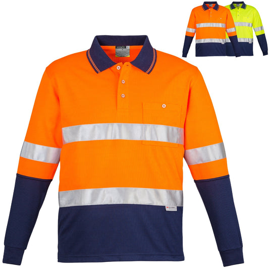 Syzmik Men's Spliced Long Sleeve Hoop Taped Polo ZH235 in Orange On Navy