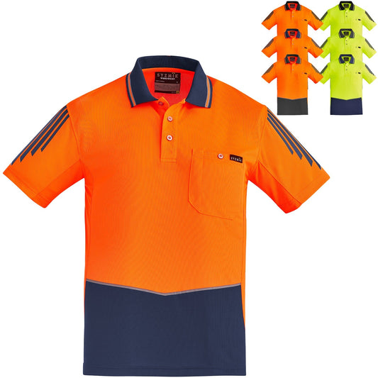 Syzmik Men's Highly Breathable Flux Short Sleeve Polo ZH315 in Orange On Navy