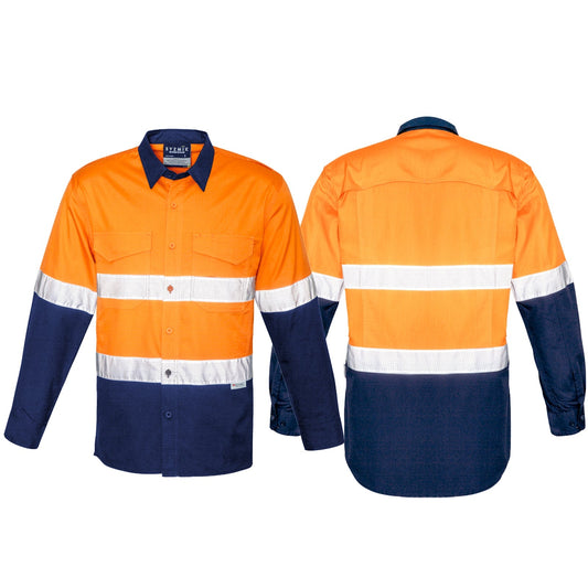 Syzmik Men's Rugged Cooling Taped Spliced LS Shirt ZW129 in Orange On Navy