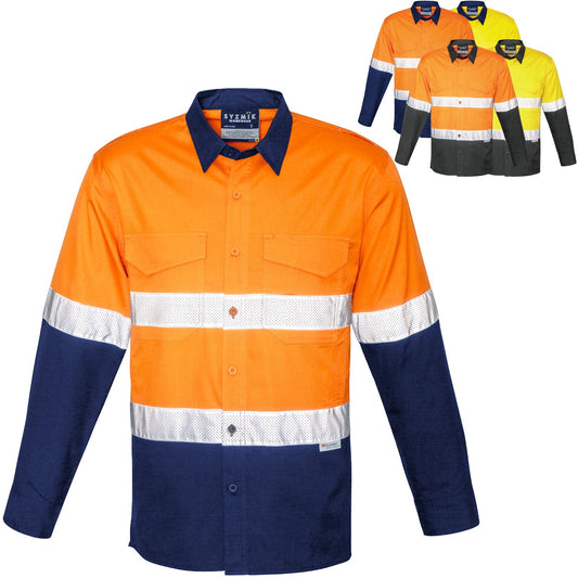 Syzmik Men's Rugged Cooling Taped Spliced LS Shirt ZW129 in Orange On Navy
