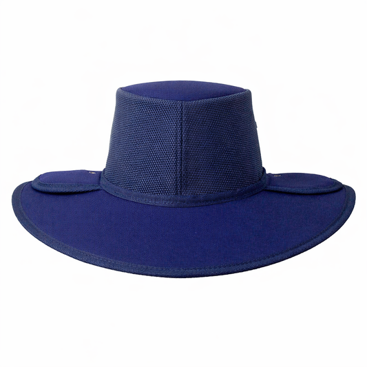 Navy blue wide brim earmuff hat with mesh ventilation and 11cm brim